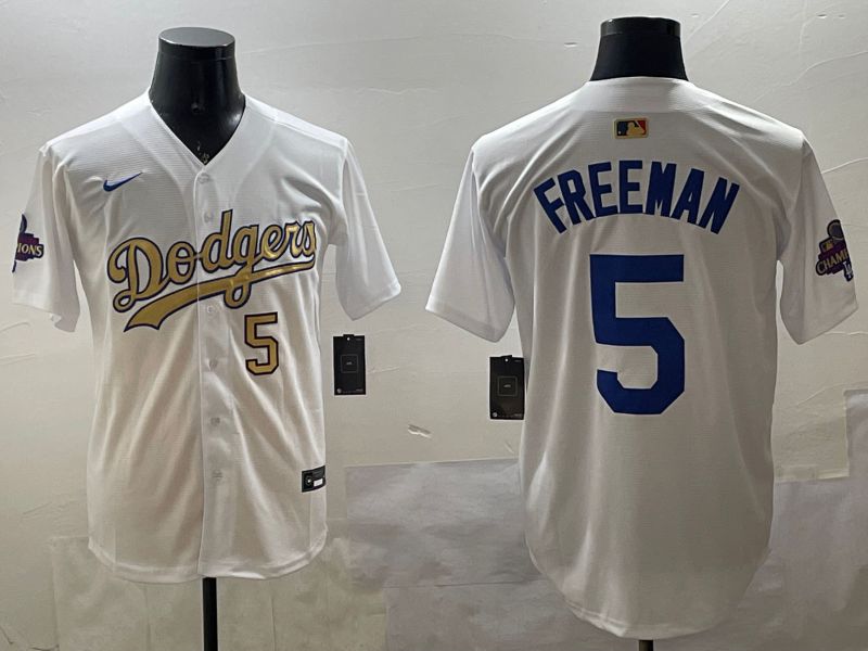 Men Los Angeles Dodgers 5 Freeman White Champion gold character 2025 Nike MLB Jersey style 33116